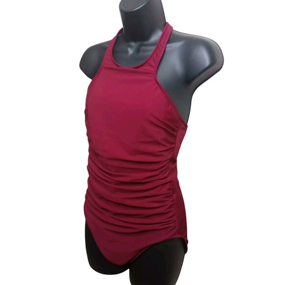 MAGICSUIT  One Piece Swimsuit Dress Racerback Halter Burgundy Women's 12 Modest - Picture 1 of 11